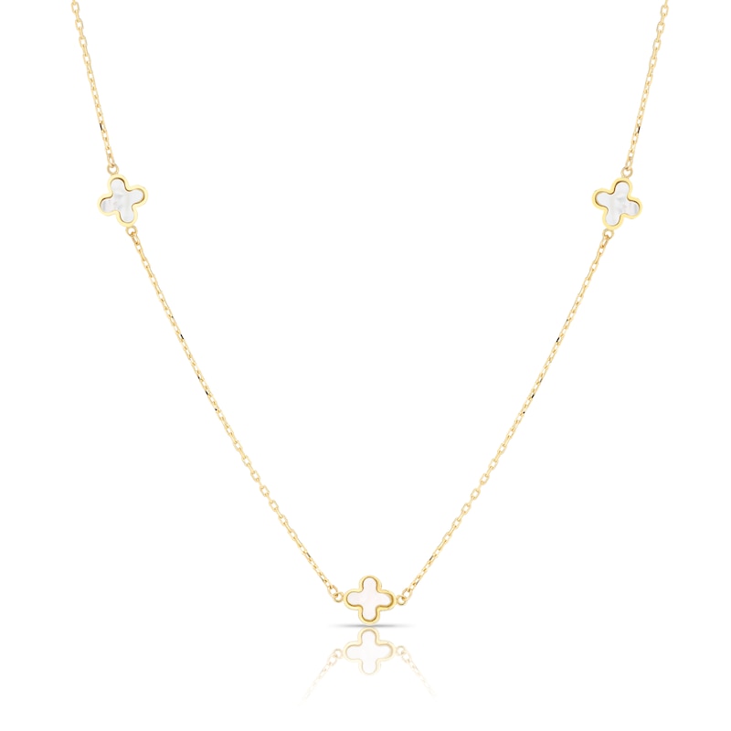 Main Image 1 of 9ct Yellow Gold Mother Of Pearl Clover Drop Station Necklace