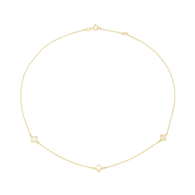 Main Image 2 of 9ct Yellow Gold Mother Of Pearl Clover Drop Station Necklace