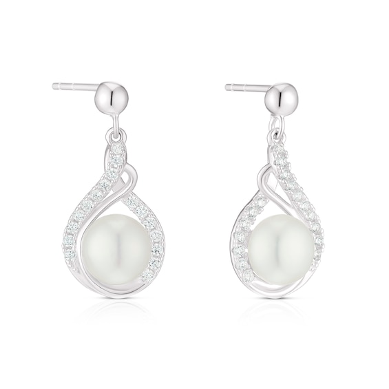 Sterling Silver CZ and Cultured Freshwater Pearl Swirl Drop 