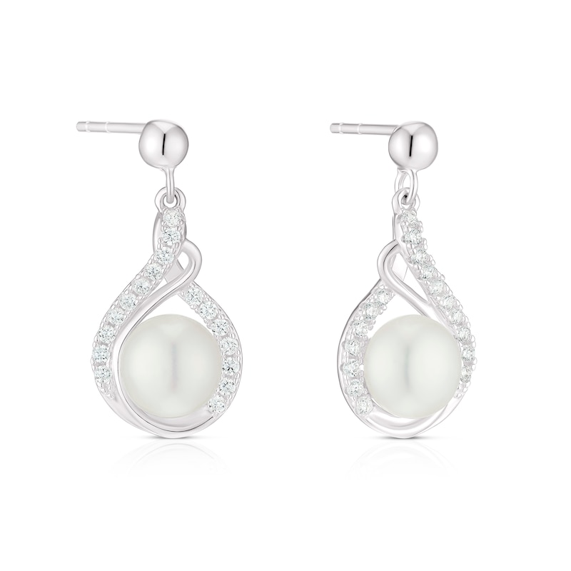Main Image 1 of Sterling Silver CZ & Cultured Freshwater Pearl Swirl Drop Earrings