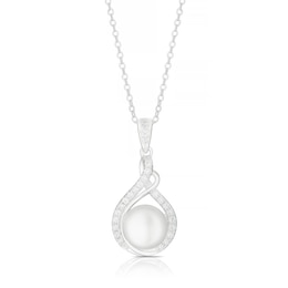 Sterling Silver CZ & Cultured Freshwater Pearl Swirl Drop Pendant Necklace