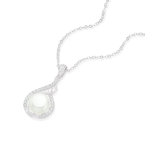 Sterling Silver CZ Cultured Freshwater Pearl Swirl Drop Pendant