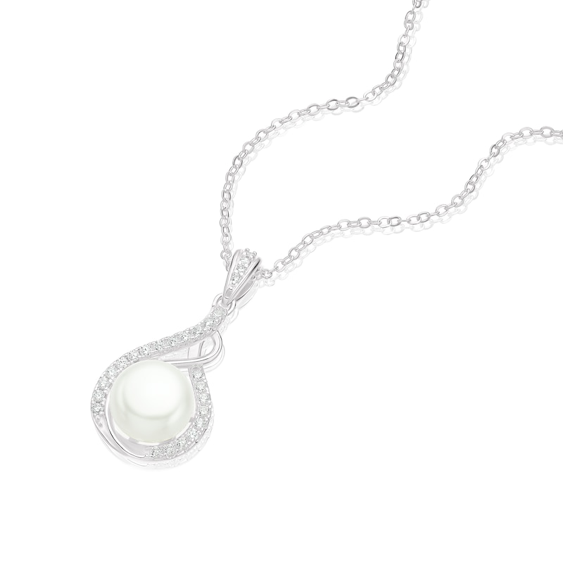 Sterling Silver CZ & Cultured Freshwater Pearl Swirl Drop Pendant Necklace
