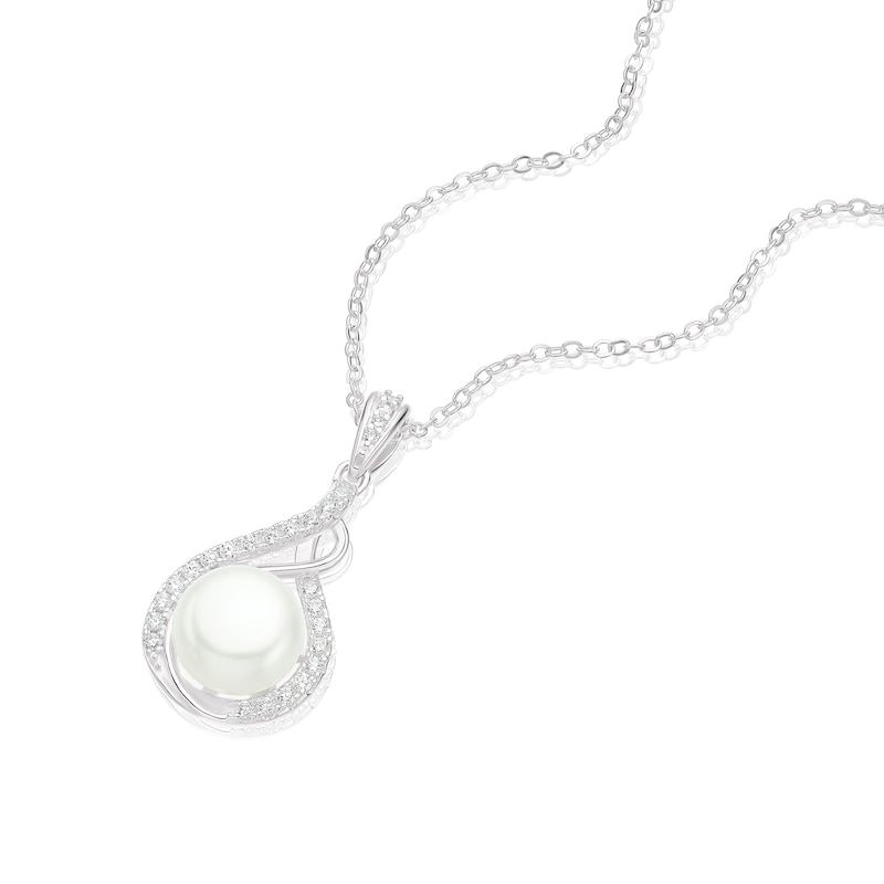 Main Image 2 of Sterling Silver CZ & Cultured Freshwater Pearl Swirl Drop Pendant Necklace