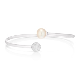 Sterling Silver Cubic Zirconia & Cultured Freshwater Pearl Torque Bangle