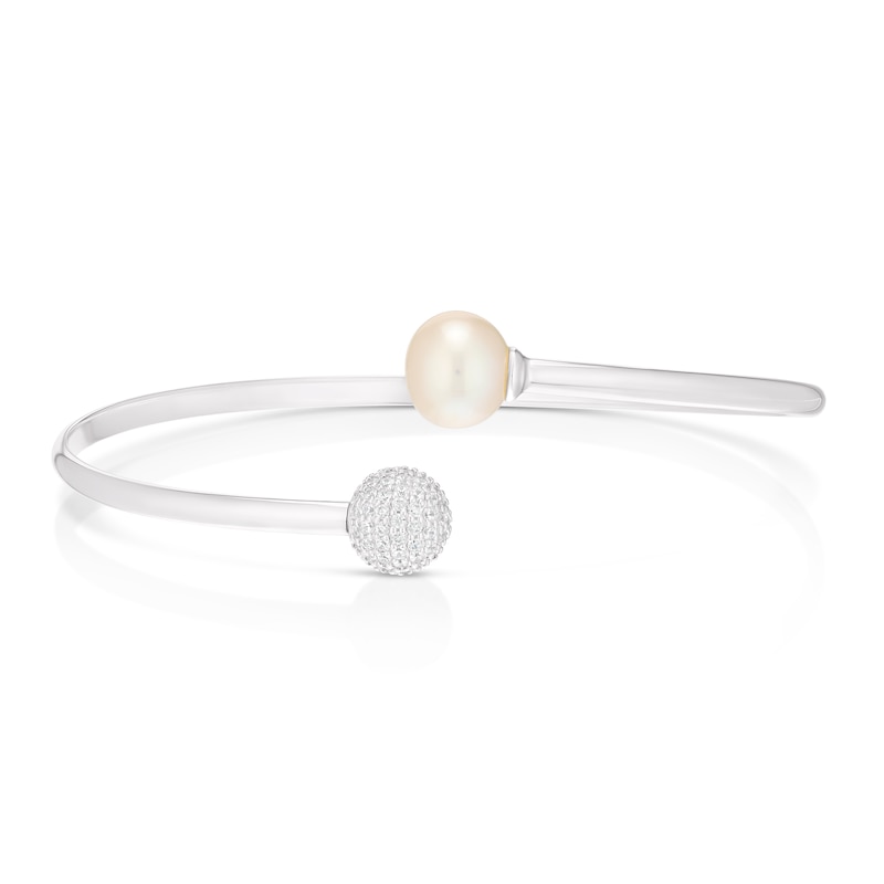 Sterling Silver Cubic Zirconia & Cultured Freshwater Pearl Torque Bangle