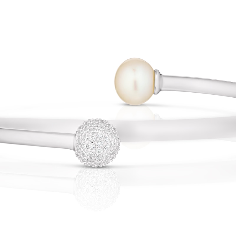 Sterling Silver Cubic Zirconia & Cultured Freshwater Pearl Torque Bangle