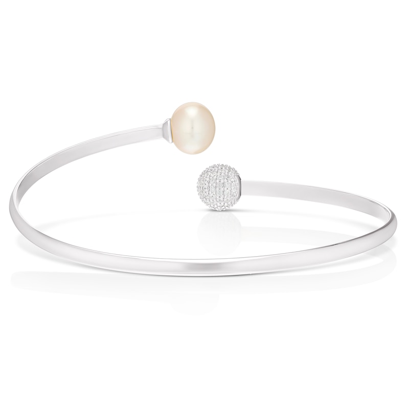 Sterling Silver Cubic Zirconia & Cultured Freshwater Pearl Torque Bangle
