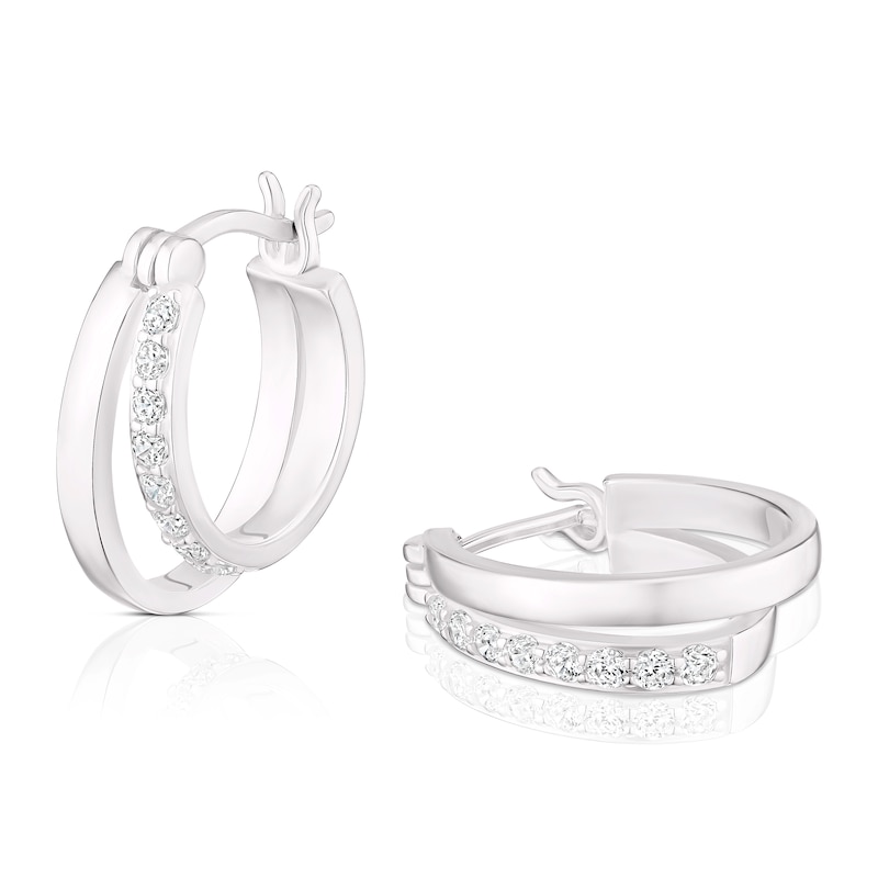 Main Image 1 of Sterling Silver Cubic Zirconia & Plain Split Oval Hoop Earrings