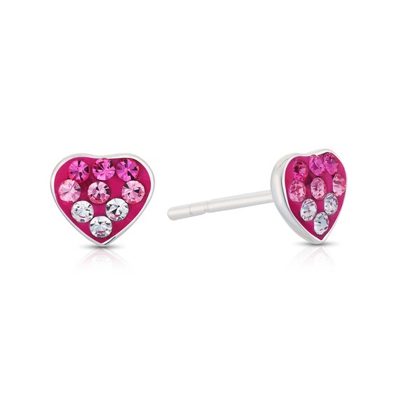 Childrens Sterling Silver Pink and White Crystal Heart Stud Earrings