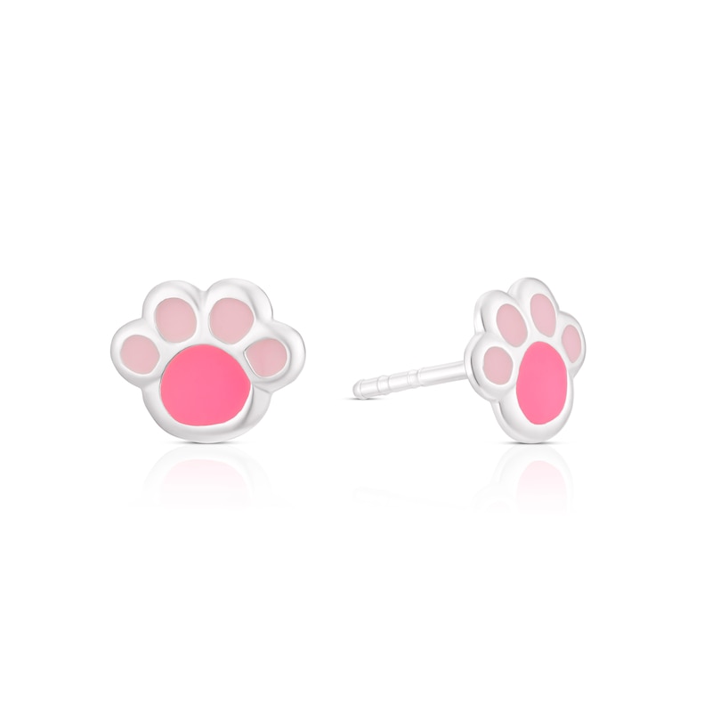 Main Image 1 of Children's Sterling Silver Pink Paw Print Stud Earrings