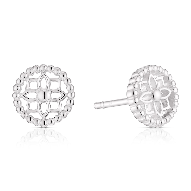 Sterling Silver Beaded Flower Pattern Stud Earrings