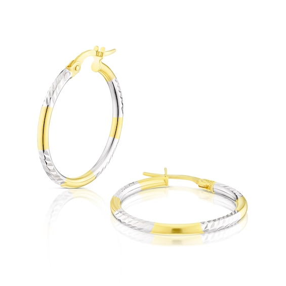 9ct Two Colour Gold Diamond Cut Medium Hoop Earrings