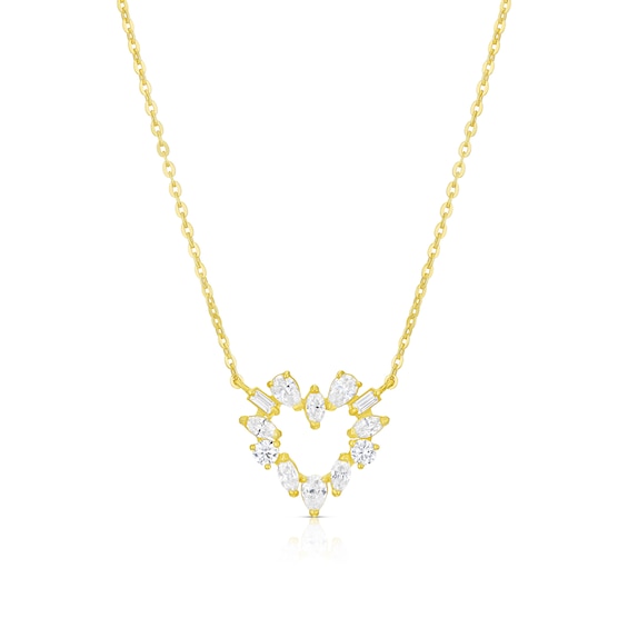 9ct Yellow Gold 16+2 Cubic Zirconia Open Heart Pendant Neckl