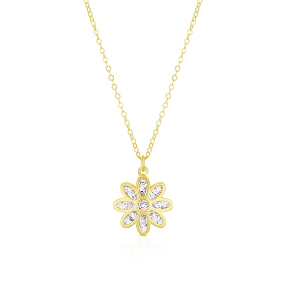 9ct Yellow Gold Double Finish Flower Pendant Necklace