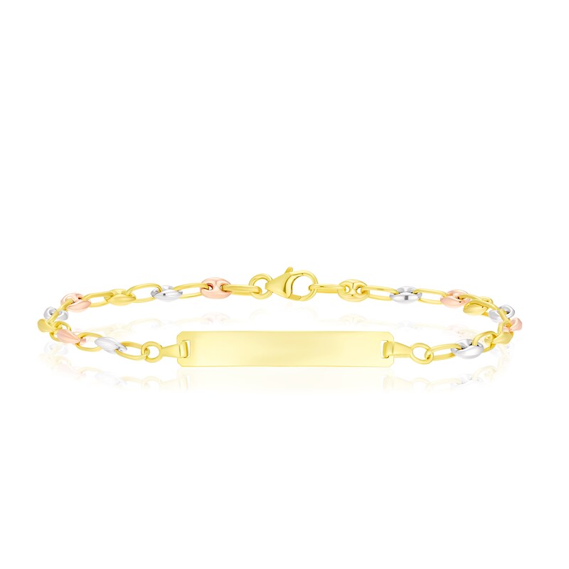 9ct Three Colour Gold 7.5 Inch Puff Mariner Chain ID Bracelet