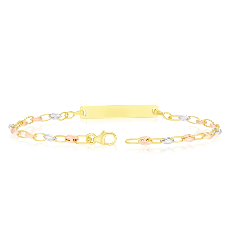 9ct Three Colour Gold 7.5 Inch Puff Mariner Chain ID Bracelet