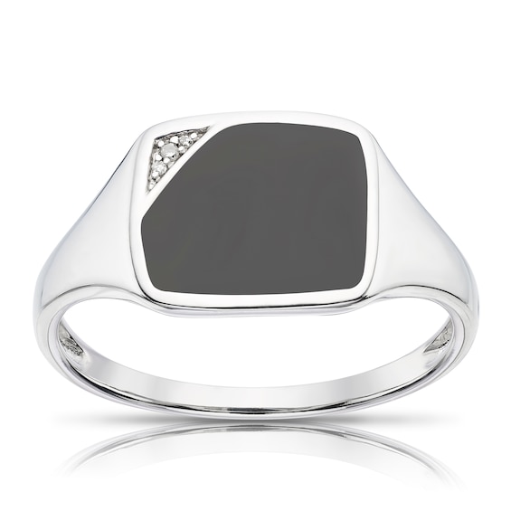 Mens Sterling Silver Diamond and Onyx Signet Ring