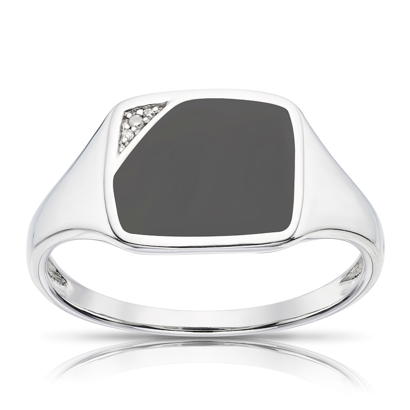 Main Image 1 of Men's Sterling Silver Diamond & Onyx Signet Ring