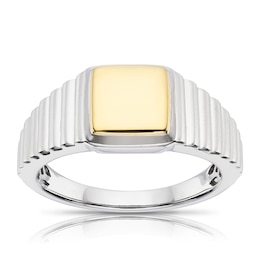 Men's Sterling Silver & 18ct Gold Plated Two Tone Textured Signet Ring
