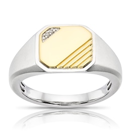 Men's Sterling Silver & 18ct Gold Plated Vermeil Two Tone Diamond Signet Ring
