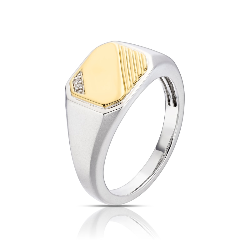 Main Image 2 of Men's Sterling Silver & 18ct Gold Plated Vermeil Two Tone Diamond Signet Ring