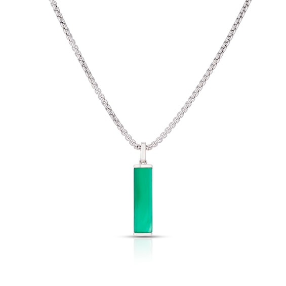 Mens Sterling Silver Green Rectangle Pendant Necklace