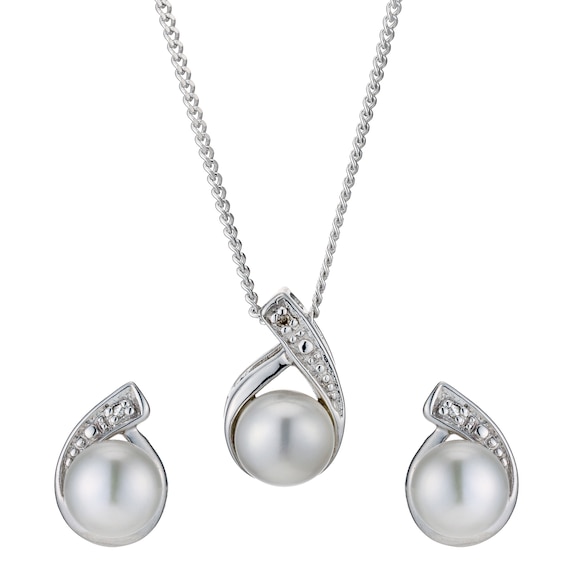 Sterling Silver Diamond and Cultured Pearl Pendant and Earri