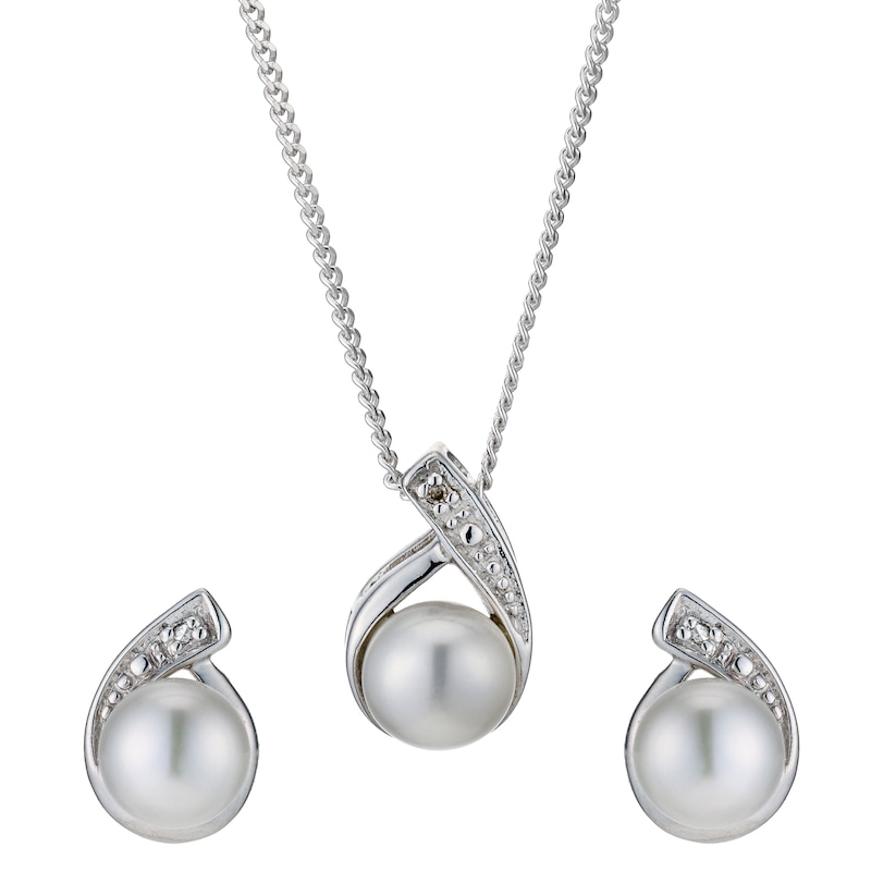 Main Image 1 of Sterling Silver Diamond & Cultured Pearl Pendant & Earrings Set