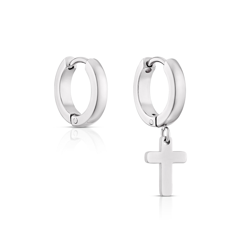 Men's Stainless Steel Single Cross Hoop Earrings