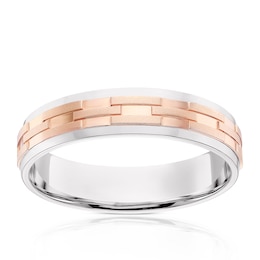 Sterling Silver & 9ct Rose Gold Embossed Square Chain Link Pattern Wedding Ring
