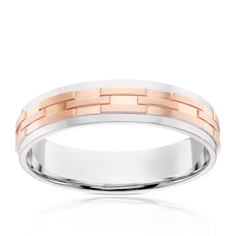 Main Image 1 of Sterling Silver & 9ct Rose Gold Embossed Square Chain Link Pattern Wedding Ring