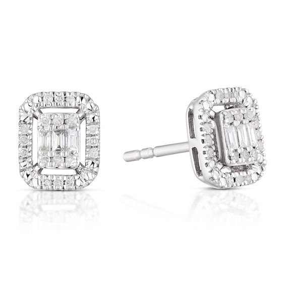 Sterling Silver 0.15ct Diamond Baguette Halo Earrings