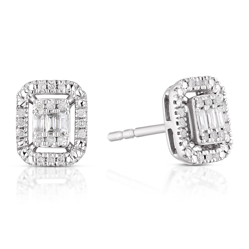Main Image 1 of Sterling Silver 0.15ct Diamond Baguette Halo Earrings