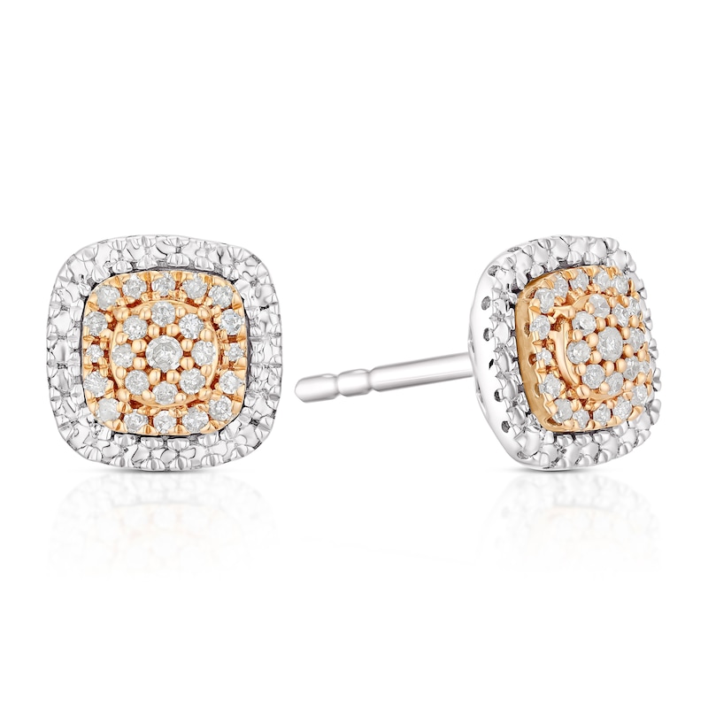 Main Image 1 of Sterling Silver & 9ct Rose Gold 0.10ct Diamond Double Halo Earrings