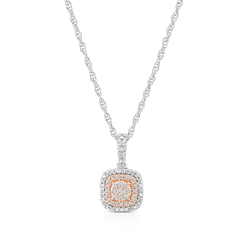 Main Image 1 of Sterling Silver & 9ct Rose Gold 0.10ct Diamond Cluster Halo Pendant Necklace