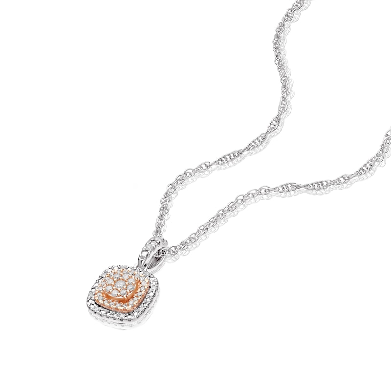 Main Image 2 of Sterling Silver & 9ct Rose Gold 0.10ct Diamond Cluster Halo Pendant Necklace