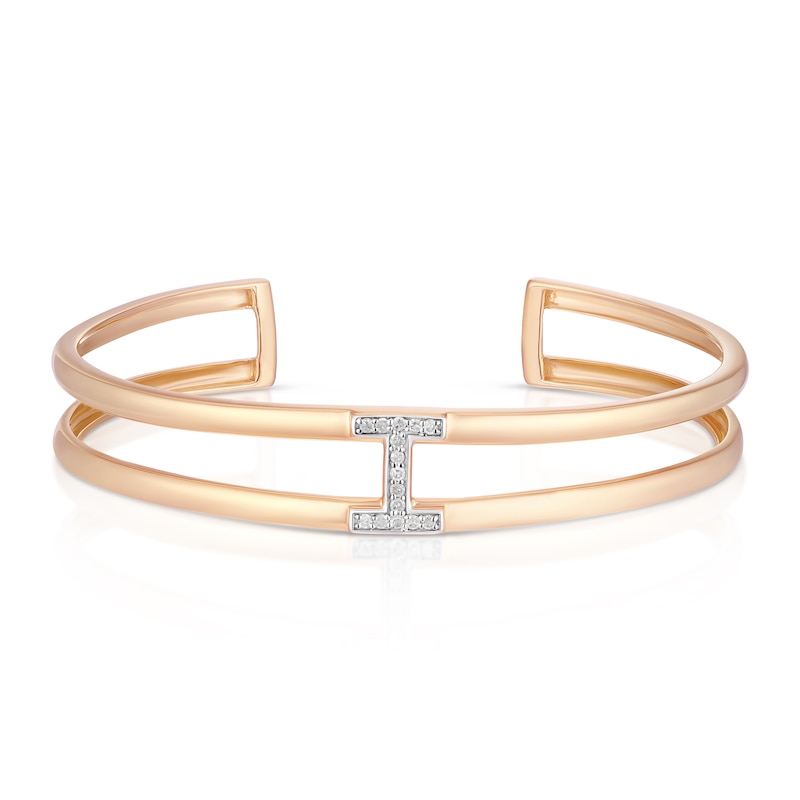 Sterling Silver & 18ct Rose Gold Plated Vermeil Diamond H Cuff Bangle