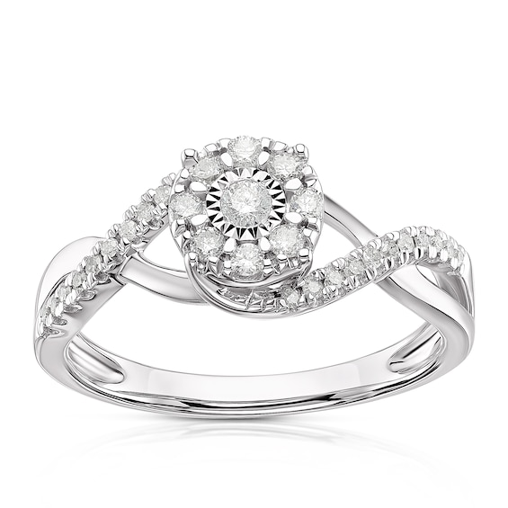 Engagement Ring 9ct White Gold Twist Cluster Solitaire 0.25c