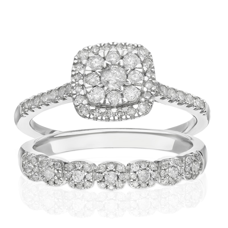 Main Image 1 of Perfect Fit 9ct White Gold 0.50ct Diamond Vintage Cushion Bridal Set