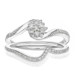 Perfect Fit 9ct White Gold 0.20ct Diamond Twist Flower Cluster Bridal Set