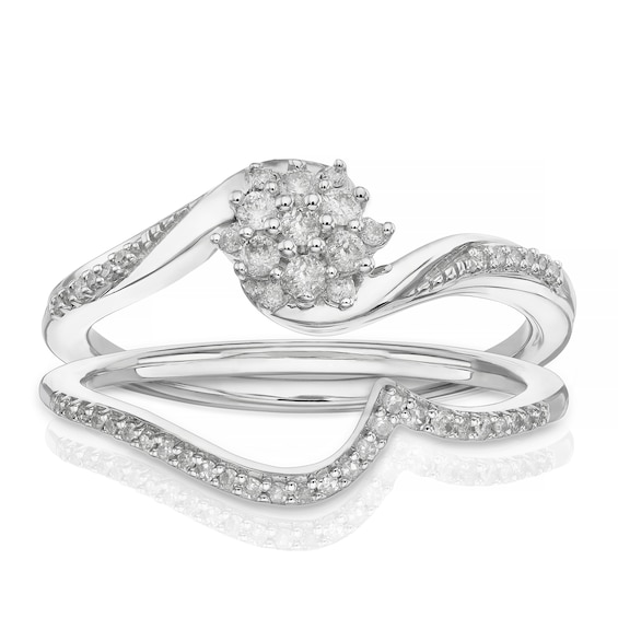Engagement Ring Perfect Fit 9ct White Gold Twist Flower Cluster Bridal Set 0.20ct Diamond Ring