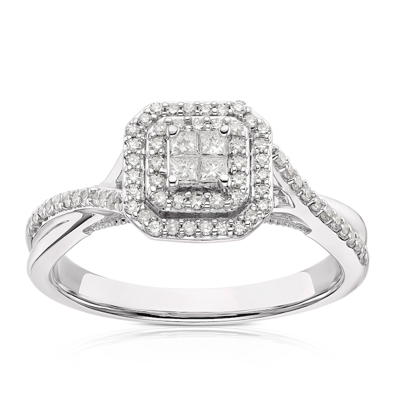 9ct White Gold 0.33ct Diamond Cushion Cluster Halo Ring