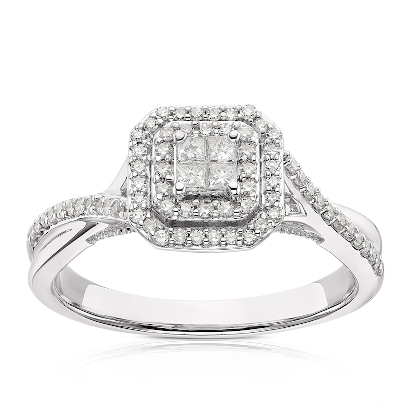 Main Image 1 of 9ct White Gold 0.33ct Diamond Cushion Cluster Halo Ring