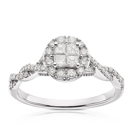 9ct White Gold 0.40ct Diamond Twist Shoulder Cluster Ring