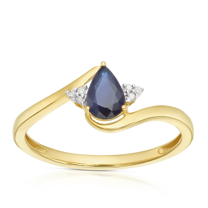 9ct Yellow Gold Pear-Shaped Blue Sapphire & Diamond Twist Ring