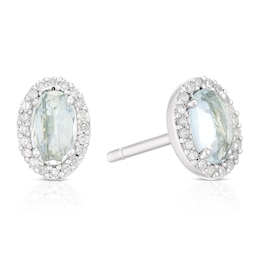 Sterling Silver Oval Aquamarine & Diamond Halo Earrings