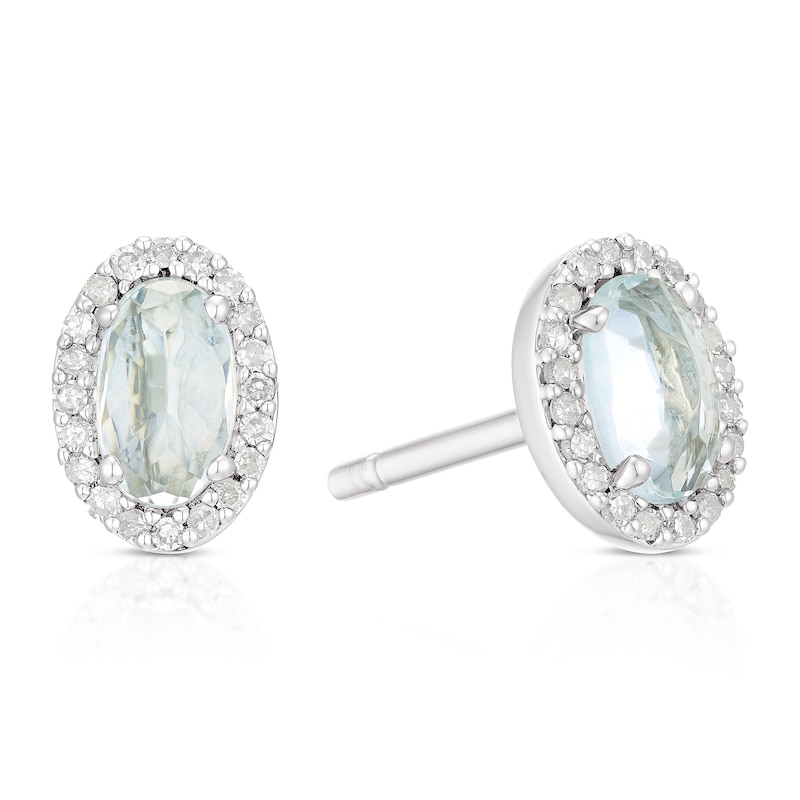 Main Image 1 of Sterling Silver Oval Aquamarine & Diamond Halo Earrings