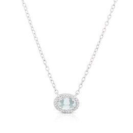 Sterling Silver Oval Aquamarine & Diamond Halo Pendant Necklace