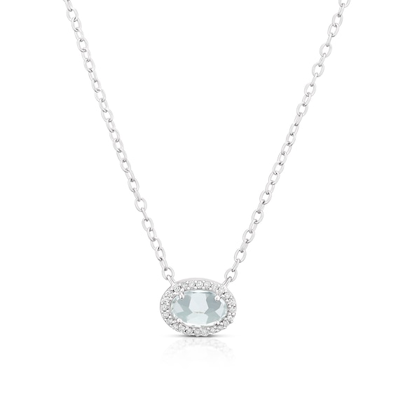 Sterling Silver Oval Aquamarine and Diamond Halo Pendant Necklace